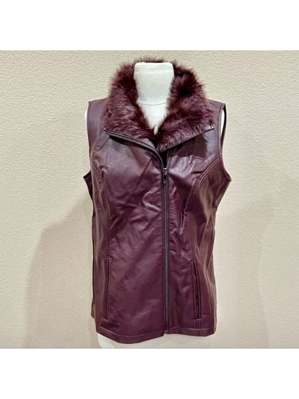 Dennis Basso Merlot Faux Leather Moto Vest Faux Fur Collar S - Picture 2 of 14